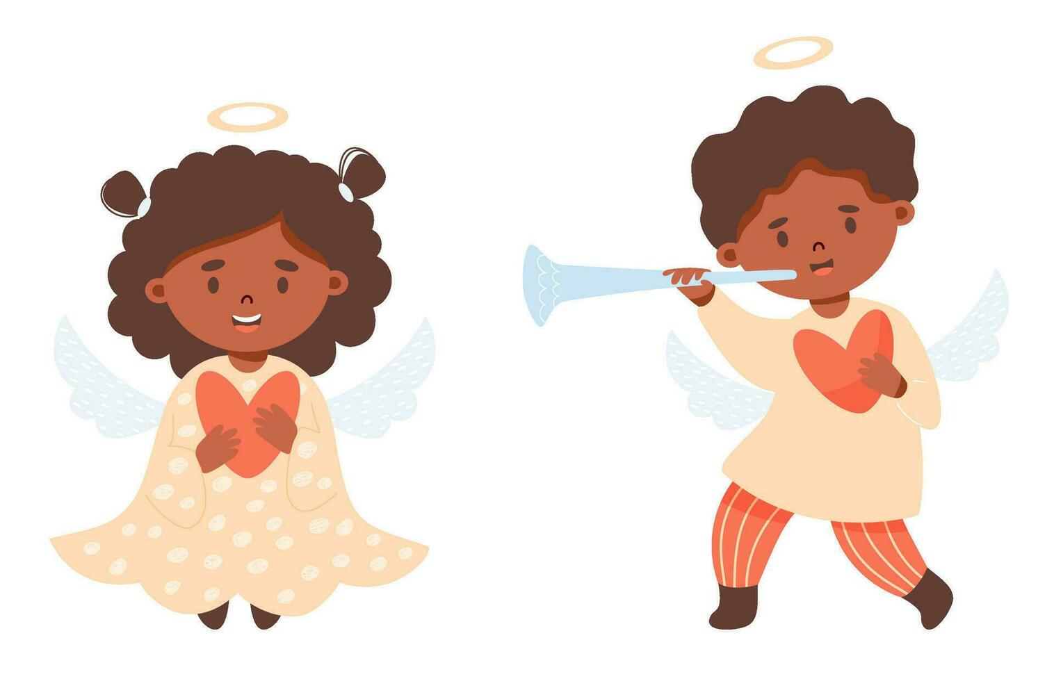 couple peu Noël ethnique anges. mignonne garçon avec trompette et fille. vecteur illustration dans dessin animé style. Noël des gamins collection, Nouveau année les enfants personnage, vacances conception, décor.