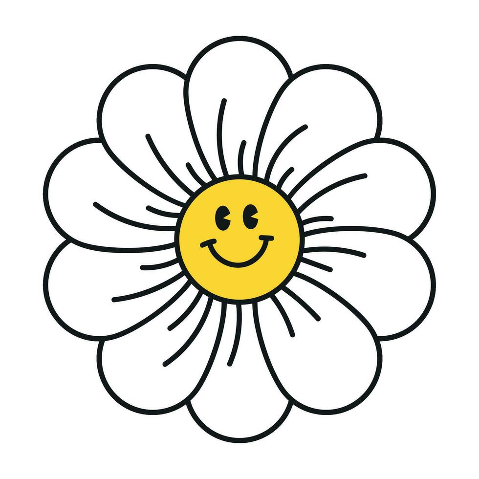 sensationnel Marguerite fleurs visage collection. rétro camomille sourit dans dessin animé style. content autocollants ensemble de années 70. vecteur graphique illustration