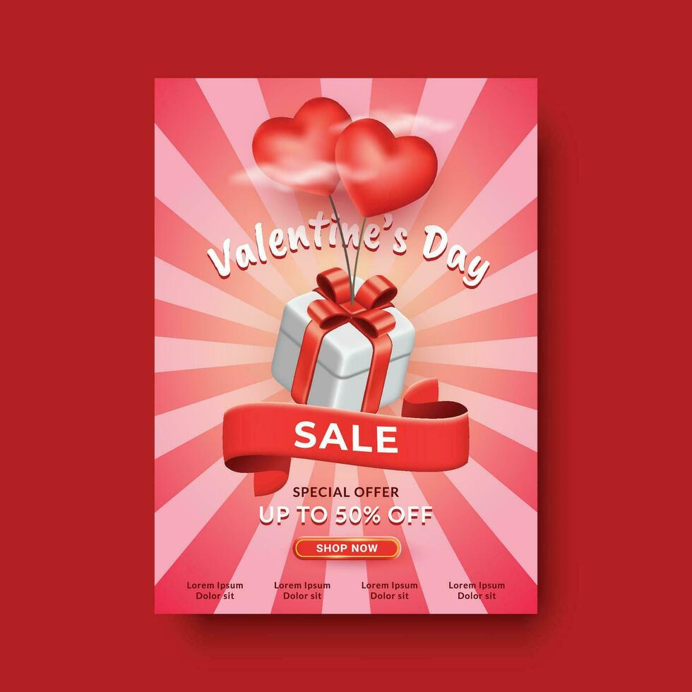 content la Saint-Valentin journée affiche romantique vente offre concept, magnifique toile de fond avec cœurs ballon et cadeau boîte ornement vecteur