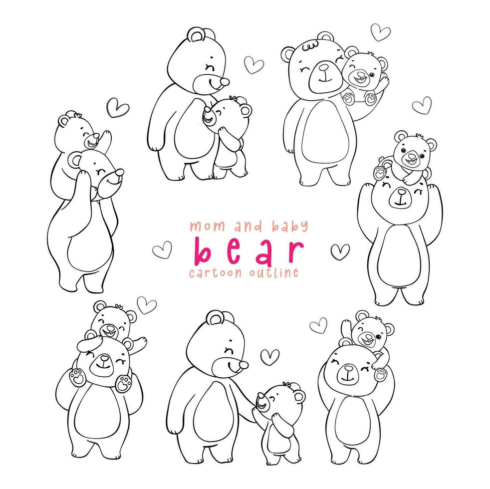 mignonne mère ours et bébé ours ayant réconfortant intemporel l'amour moment ensemble dessin animé griffonnage contour illustration collection, mère journée dessin vecteur