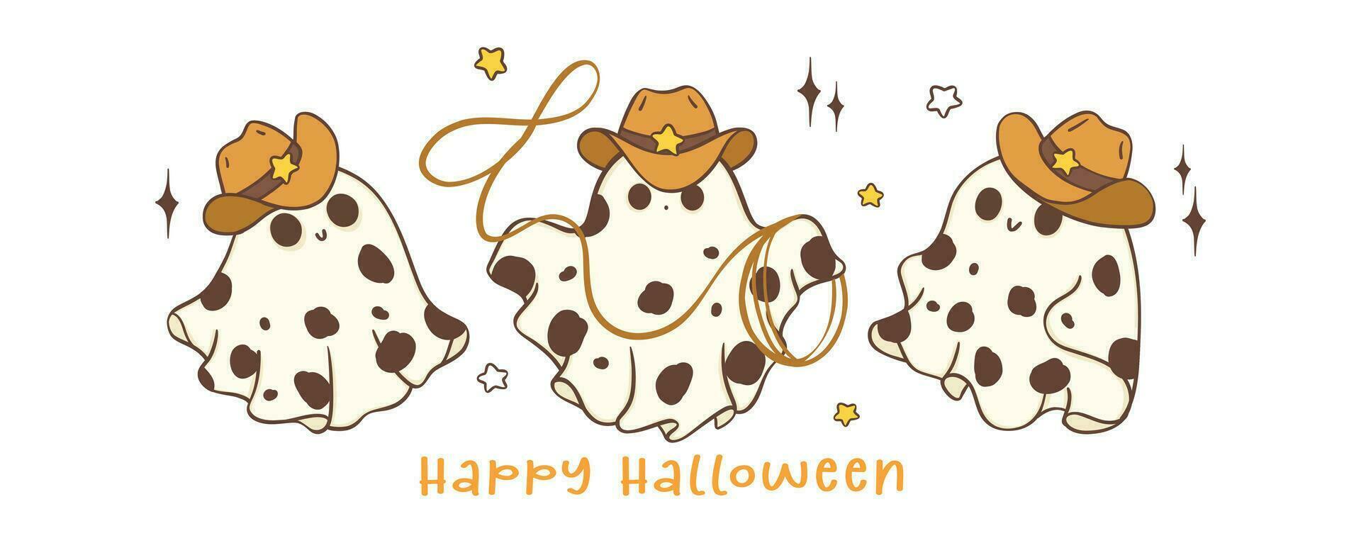 groupe de Halloween cow-boy fantôme mignonne kawaii dessin animé griffonnage vecteur illustration bannière. content haloween