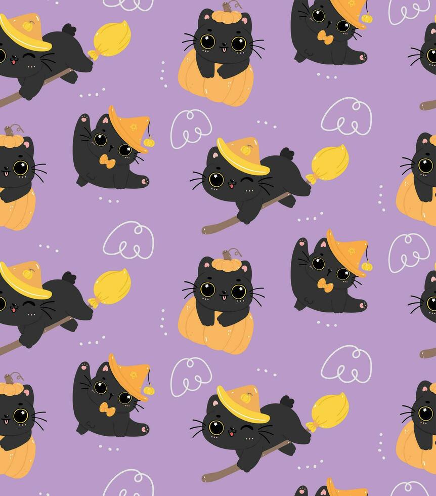 mignonne Halloween noir chat dessin animé modèle sans couture isolé sur violet fond noir vecteur