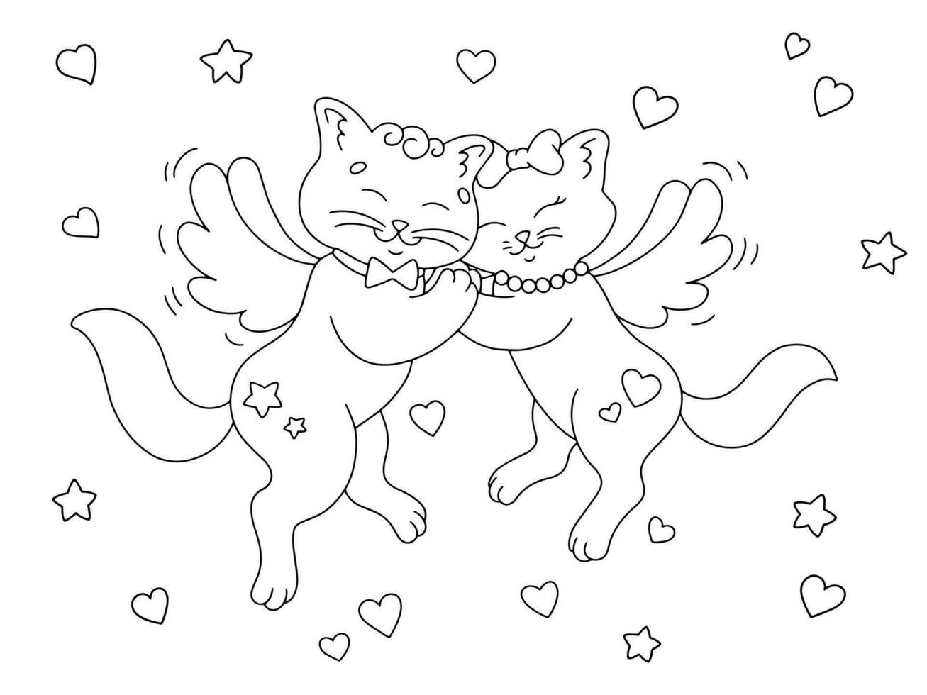 une aimant couple de chats avec ailes. coloration livre page pour enfants. dessin animé style personnage. vecteur illustration isolé sur blanc Contexte. la Saint-Valentin journée.