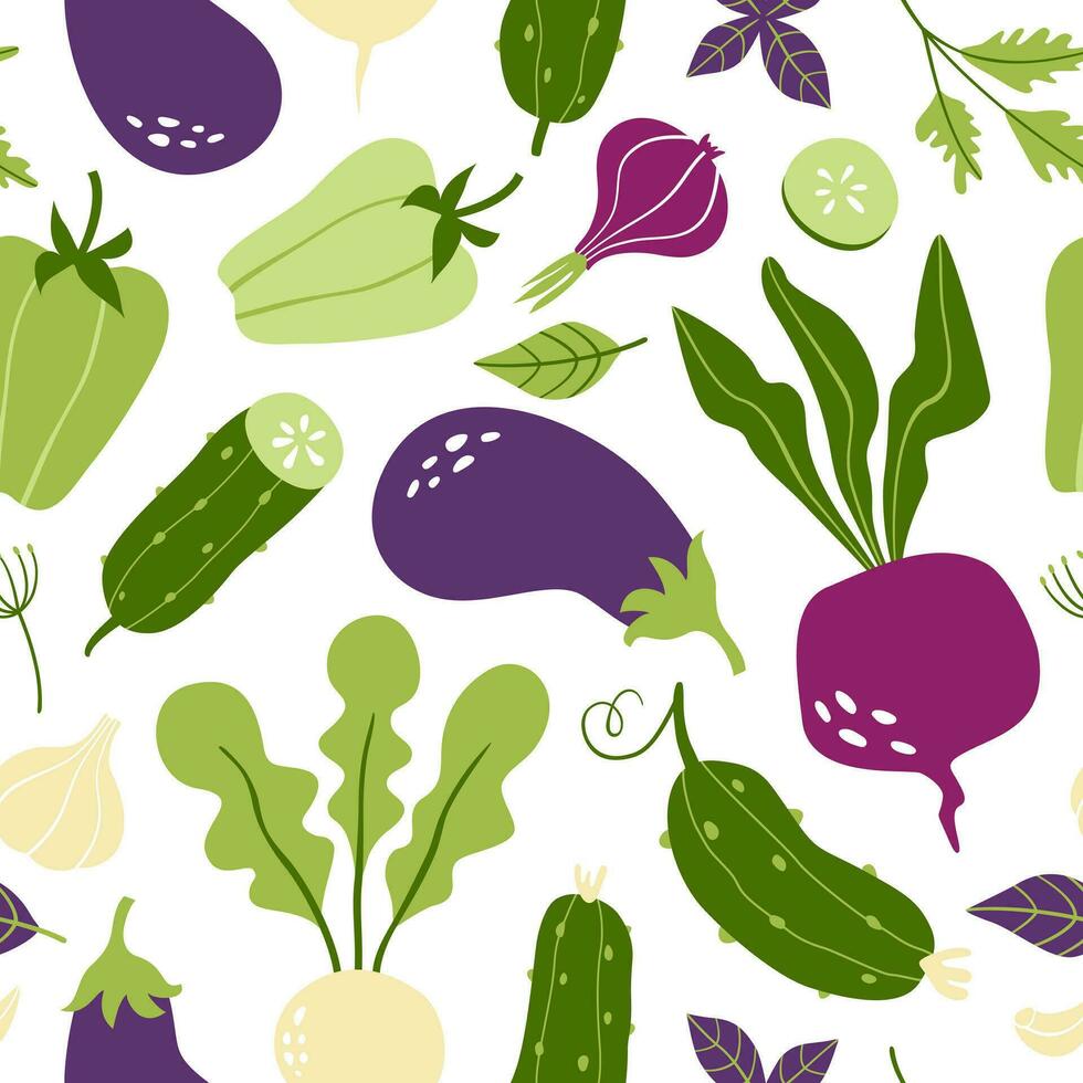 modèle de vert et violet des légumes. dessin animé conception pour papier, textile, cadeau emballage, intérieur décor, menu. vecteur illustration isolé sur blanc Contexte.