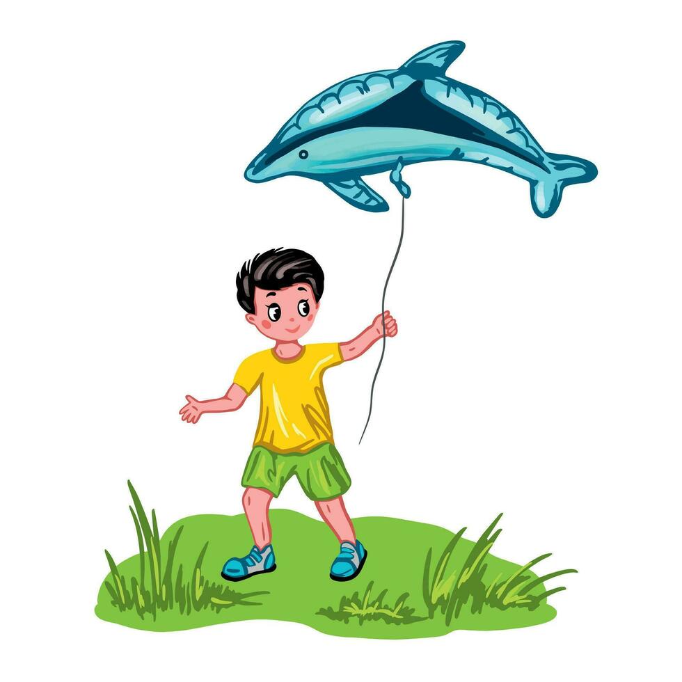 une garçon avec une en forme de poisson ballon dans le sien mains. vecteur illustration sur une enfants thème. conception élément pour salutation cartes, faire-part, à thème bannières, livre illustrations.