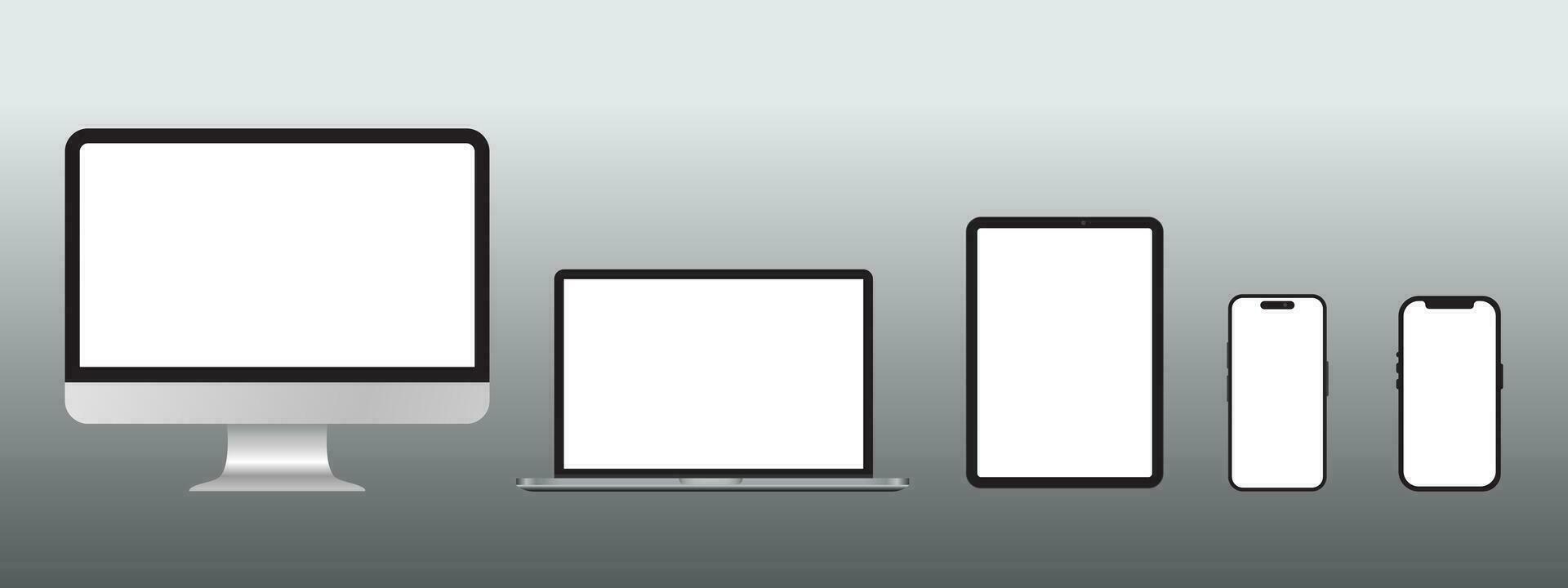 ensemble de ordinateur, ordinateur portable, tablette et téléphone intelligent foncé gris Couleur maquette avec Vide écran isolé sur gris Contexte vecteur
