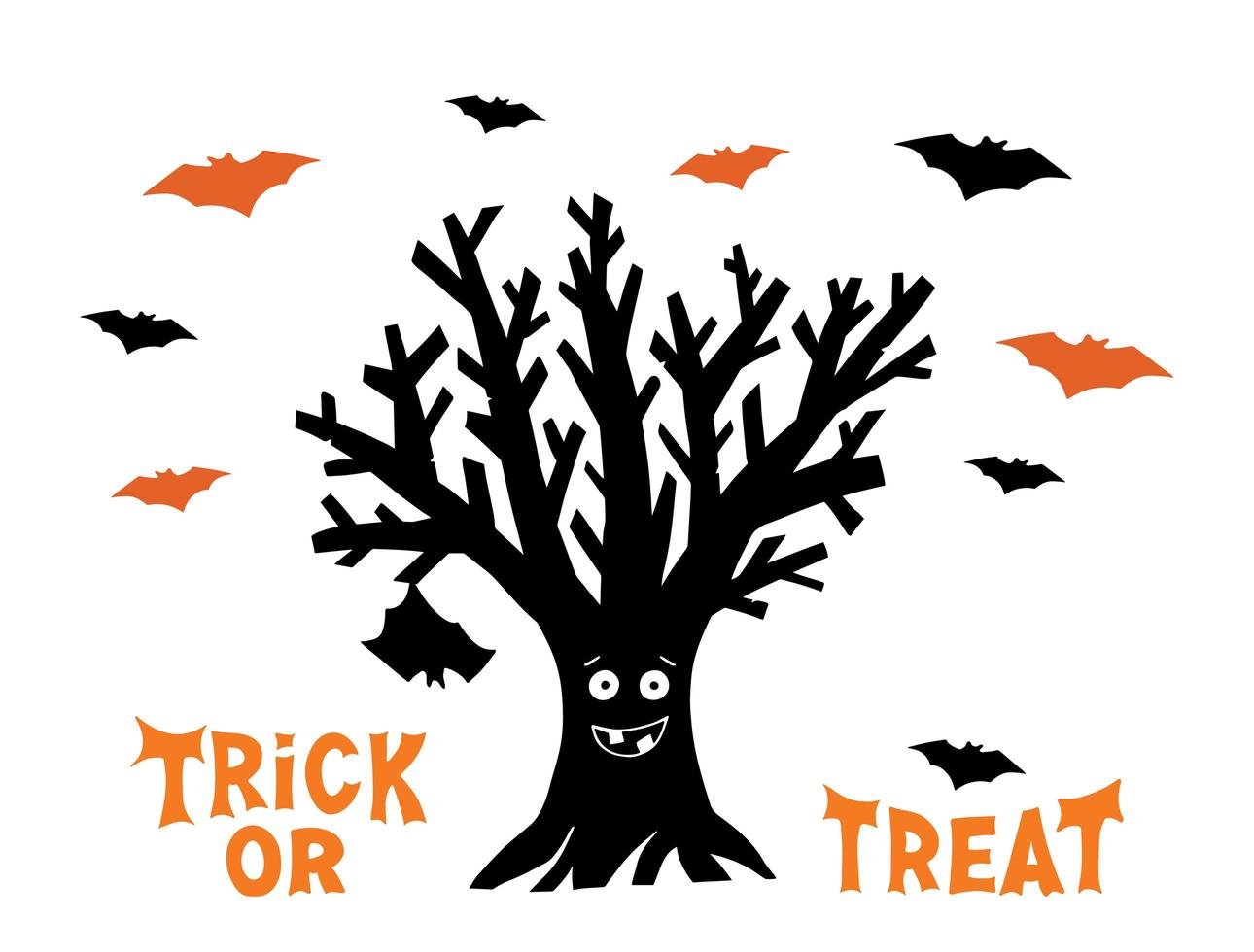 arbre drôle sec avec une chauve-souris suspendue et des chauves-souris volantes trick or treat vecteur