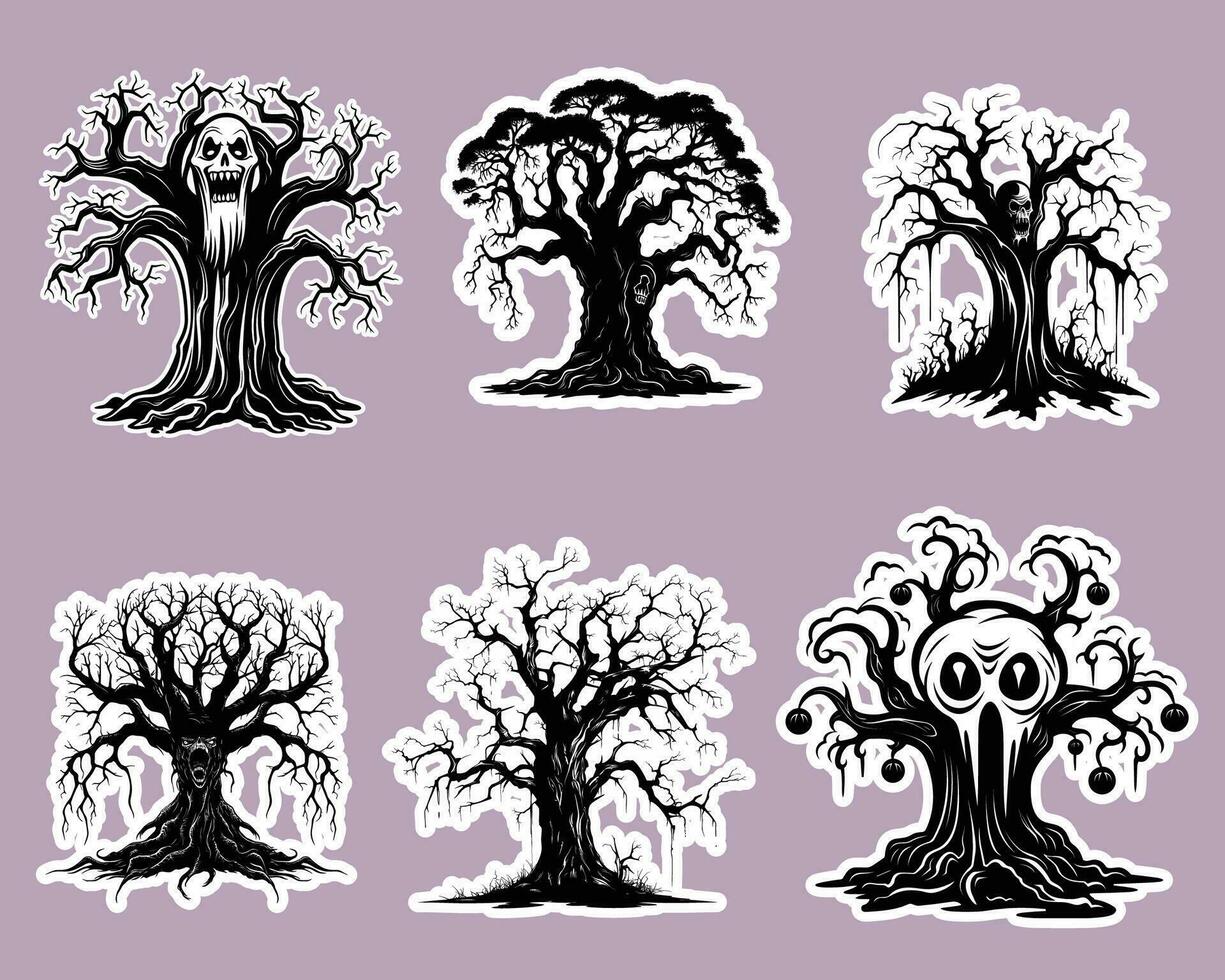 six sinistre noir et blanc arbre des illustrations avec divers formes vecteur