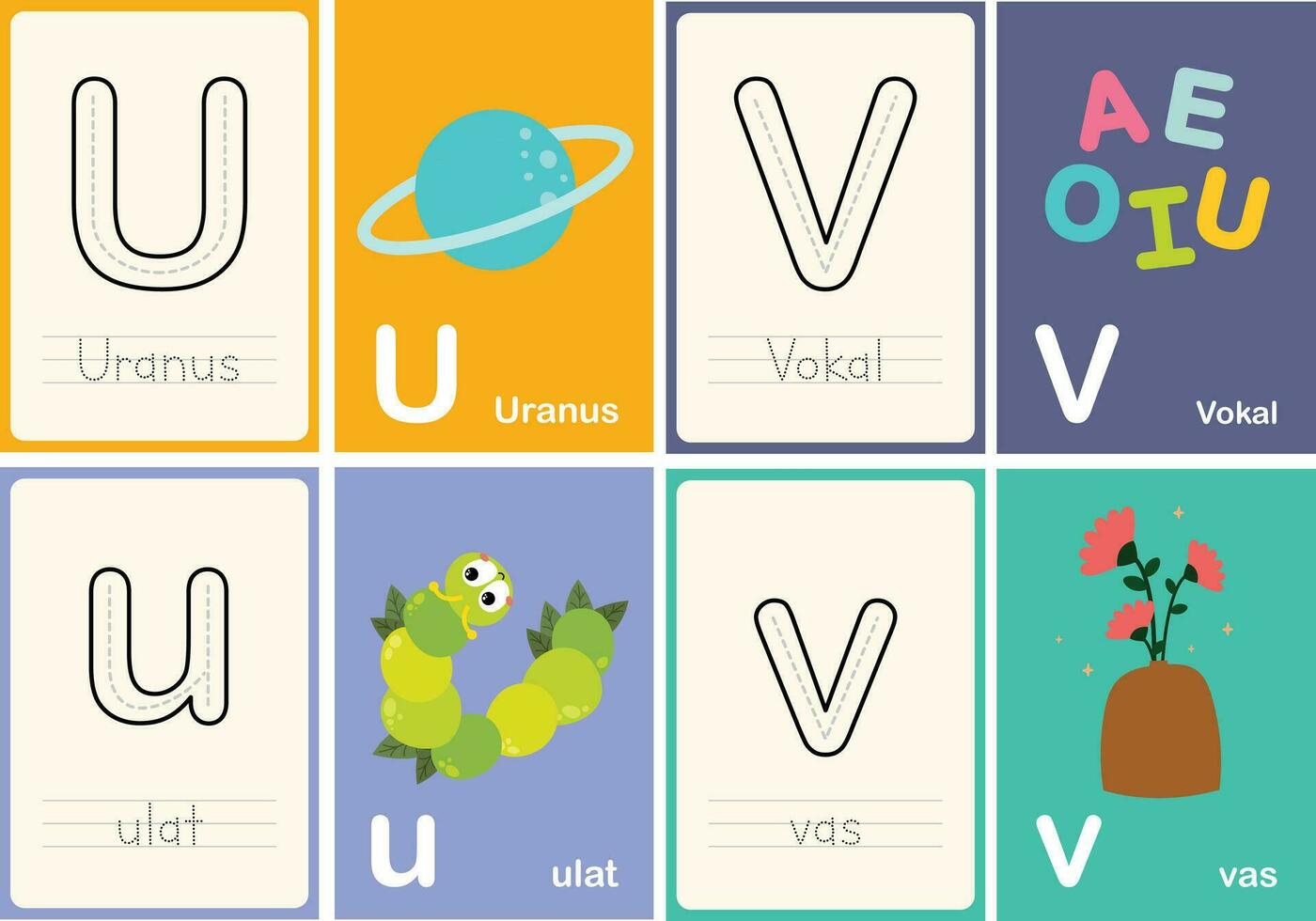 plat conception vecteur mignonne coloré abc alphabet flashcards imprimable pour des gamins premier mots activité