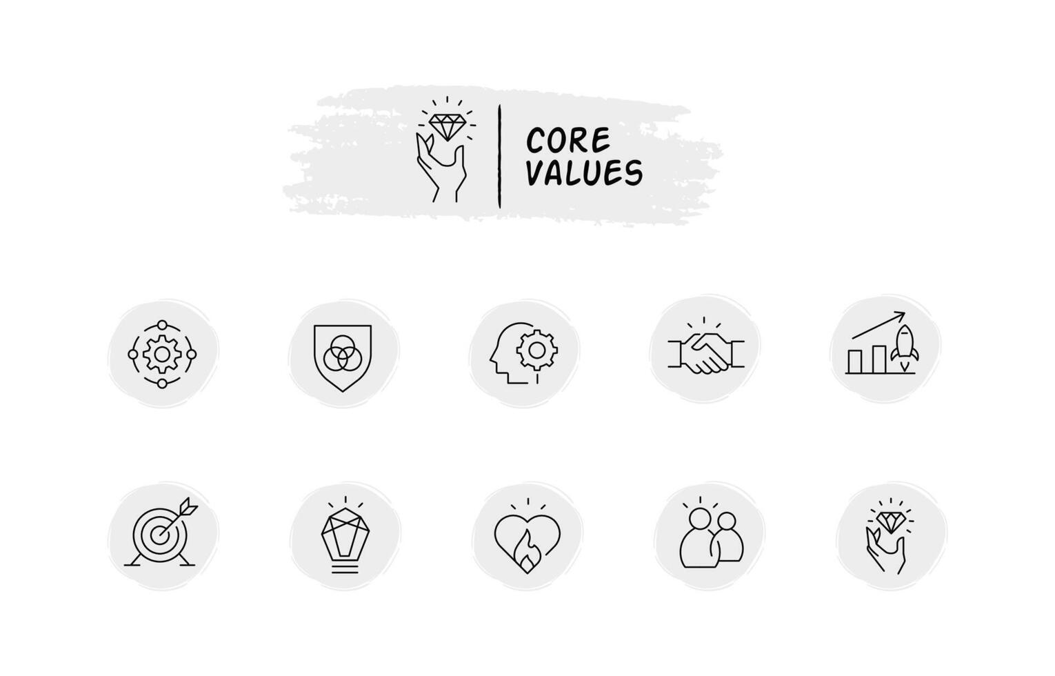 une complet ensemble de Icônes représentant coeur entreprise valeurs, culture, mission, et des principes. idéal pour convoyer votre affaires ethos visuellement. vecteur