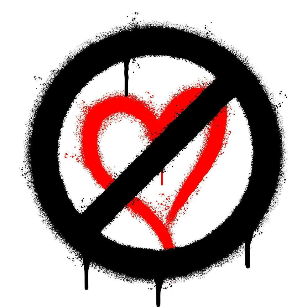 vaporisateur peint graffiti non l'amour cœur signe pulvérisé isolé avec une blanc Contexte. graffiti non l'amour cœur signe avec plus de vaporisateur dans noir plus de blanche. vecteur