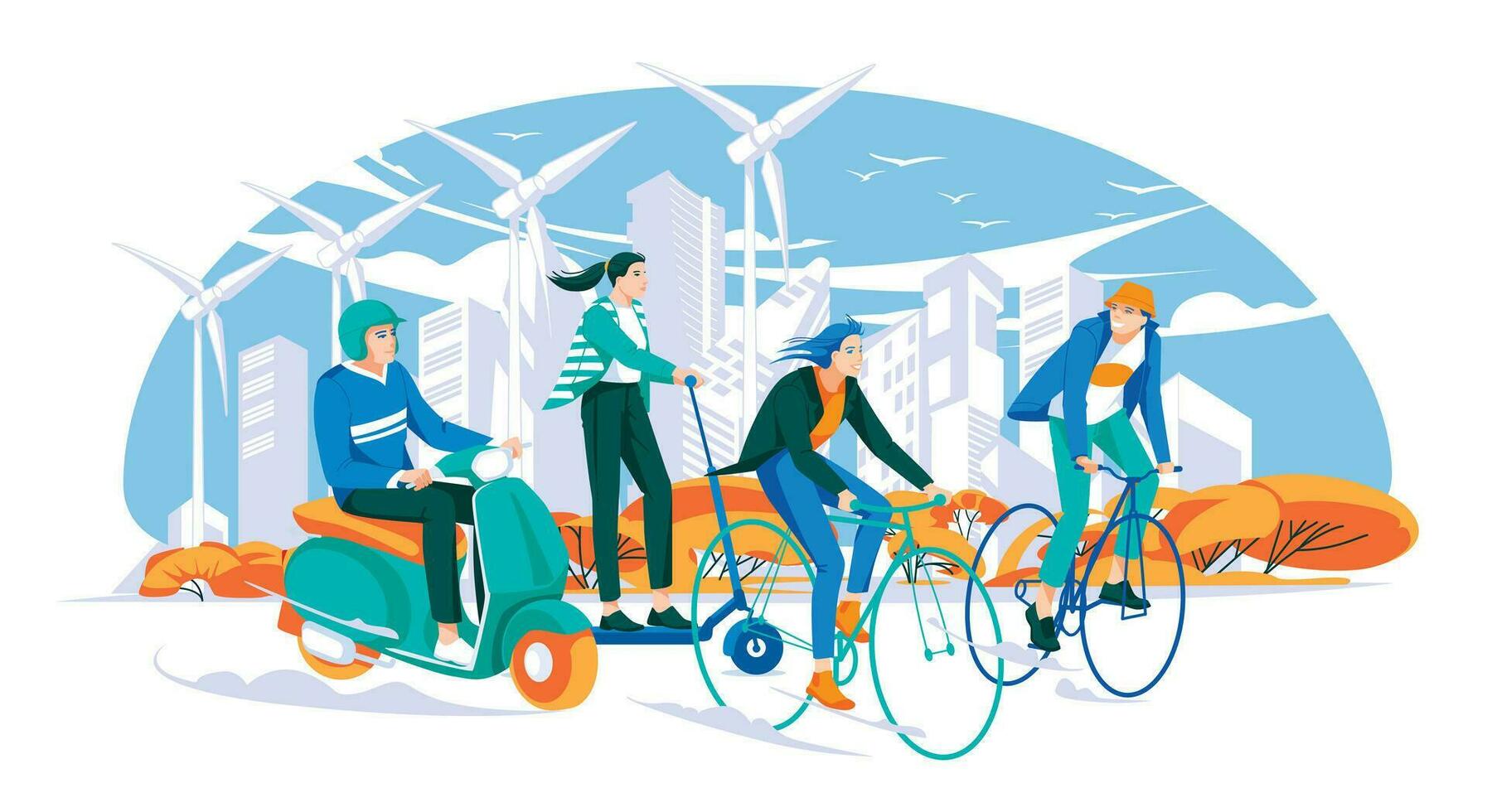 une groupe de Jeune gens en mouvement dans un écologique transport contre le Contexte de une paysage urbain. vélo, scooter, vélomoteur. environnement sécurité concept. vecteur plat illustration