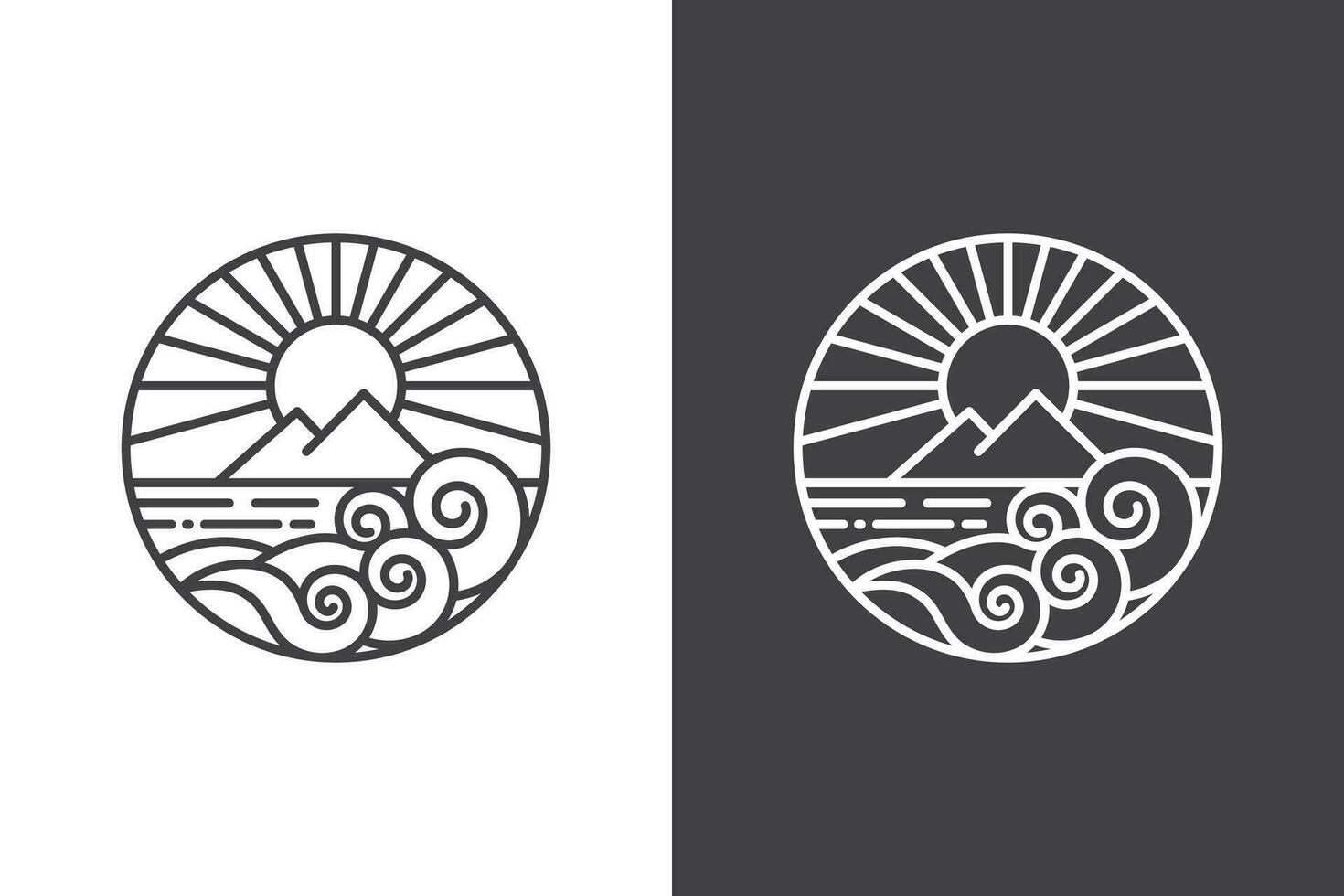 circulaire océan vagues logo ligne art avec lumière du soleil derrière une Montagne dans le milieu de le mer vecteur