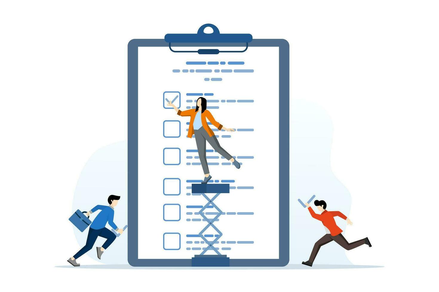 concept de enquête ou questionnaire, faire liste, presse-papiers avec faire liste vérifier Des marques, tâche la gestion à Piste travail achèvement, réalisations, homme d'affaire avec crayon et liste de contrôle presse-papiers. vecteur