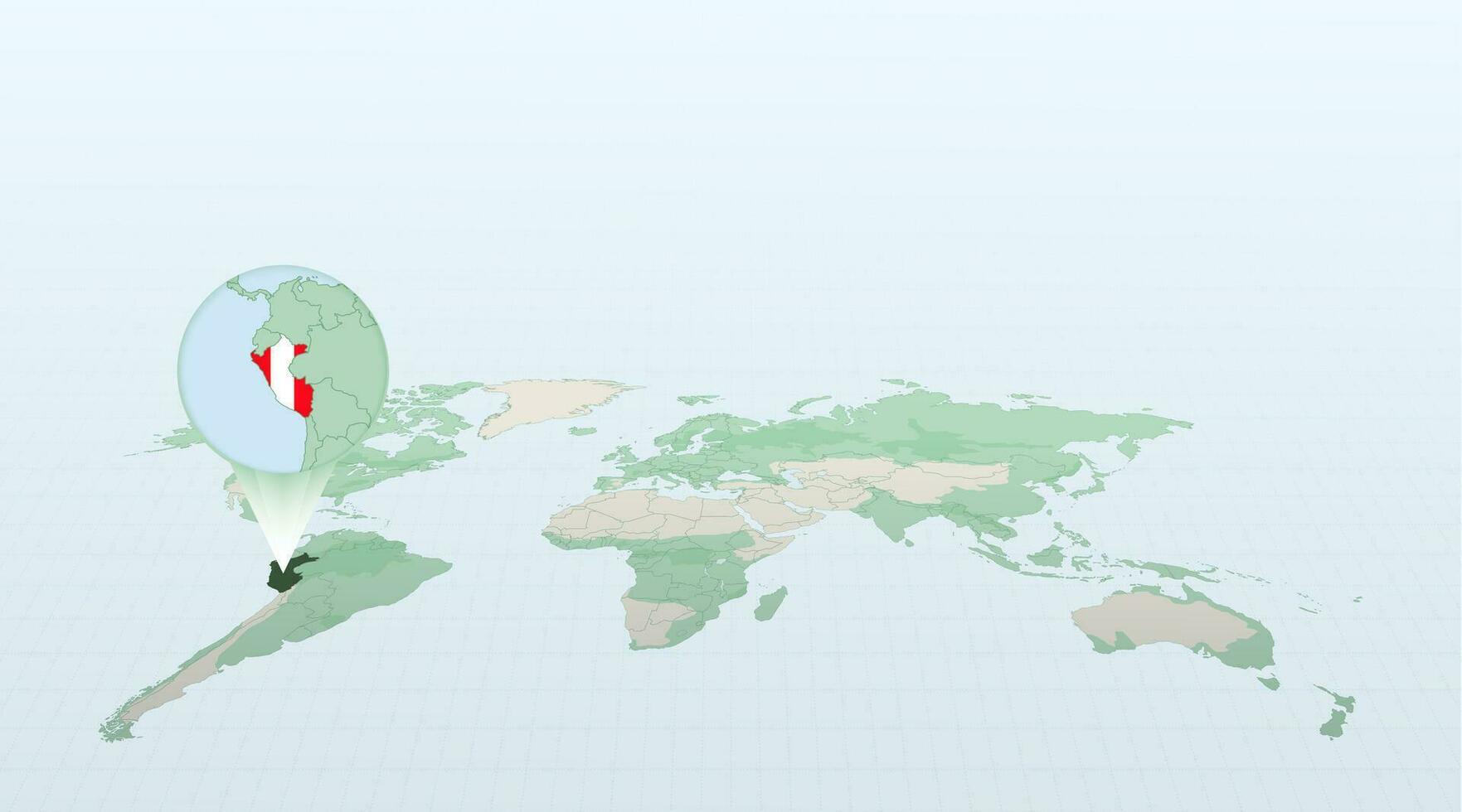 monde carte dans la perspective montrant le emplacement de le pays Pérou avec détaillé carte avec drapeau de Pérou. vecteur