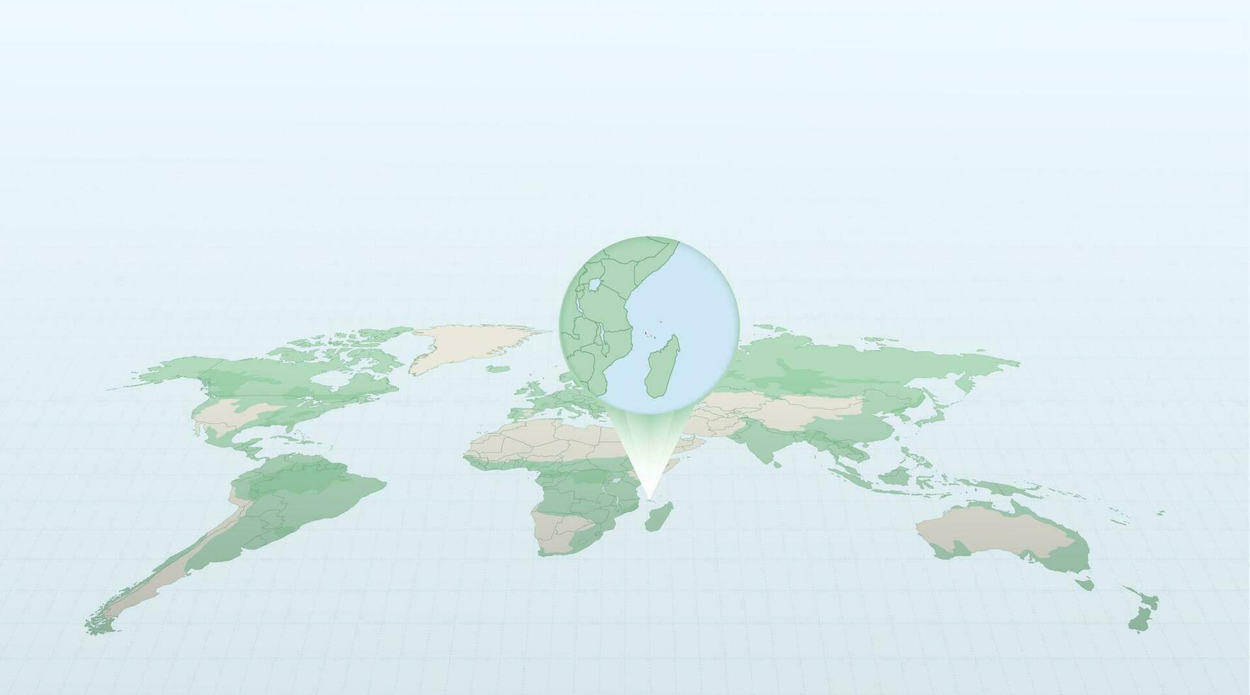 monde carte dans la perspective montrant le emplacement de le pays comores avec détaillé carte avec drapeau de comores. vecteur