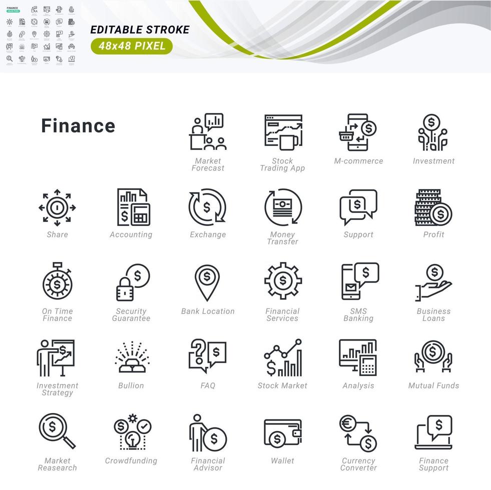 ensemble d'icônes de fine ligne de la finance. icônes parfaites de pixel vecteur