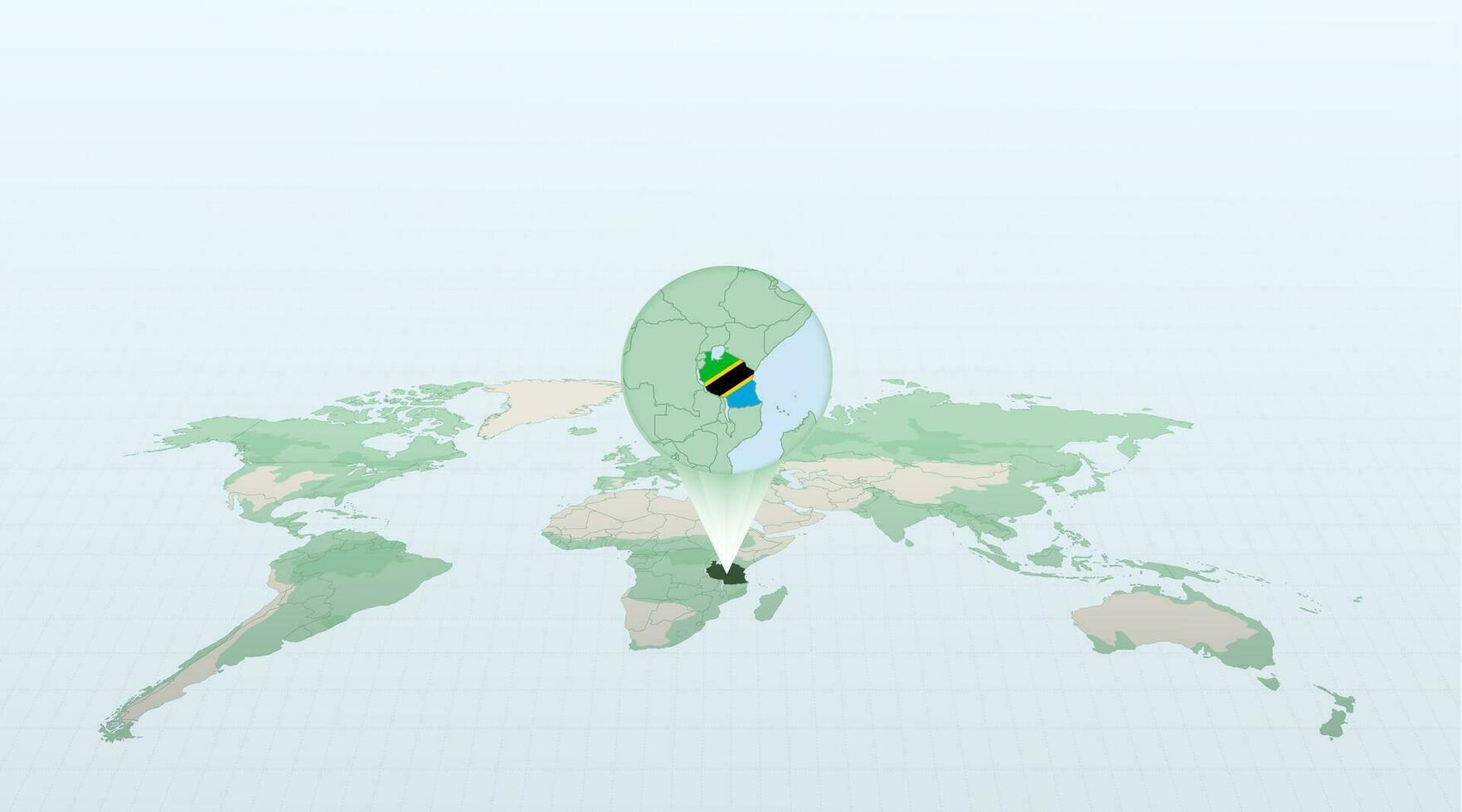 monde carte dans la perspective montrant le emplacement de le pays Tanzanie avec détaillé carte avec drapeau de Tanzanie. vecteur