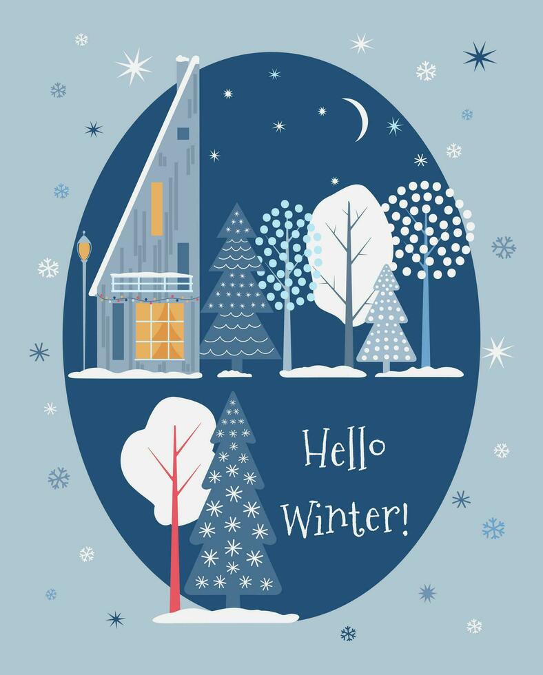 Noël hiver carte. scandinave Maisons et couvert de neige des arbres. Bonjour l'hiver. vecteur