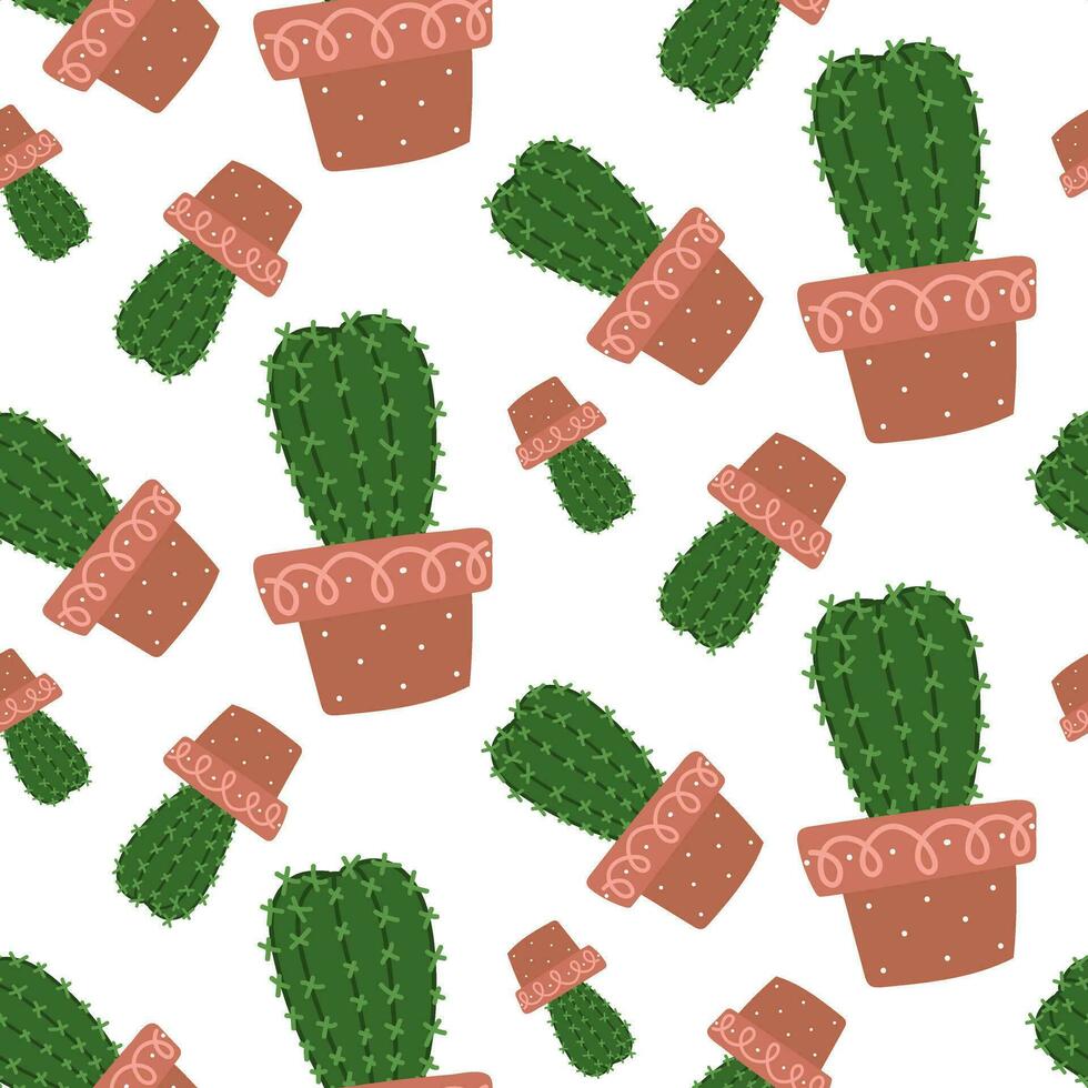 mignonne sans couture cactus modèle avec plante pot sur blanc Contexte. vecteur image de un allongé, épineux plante d'appartement épars tourné dans différent directions vert cactus pour impression sur textile, papier