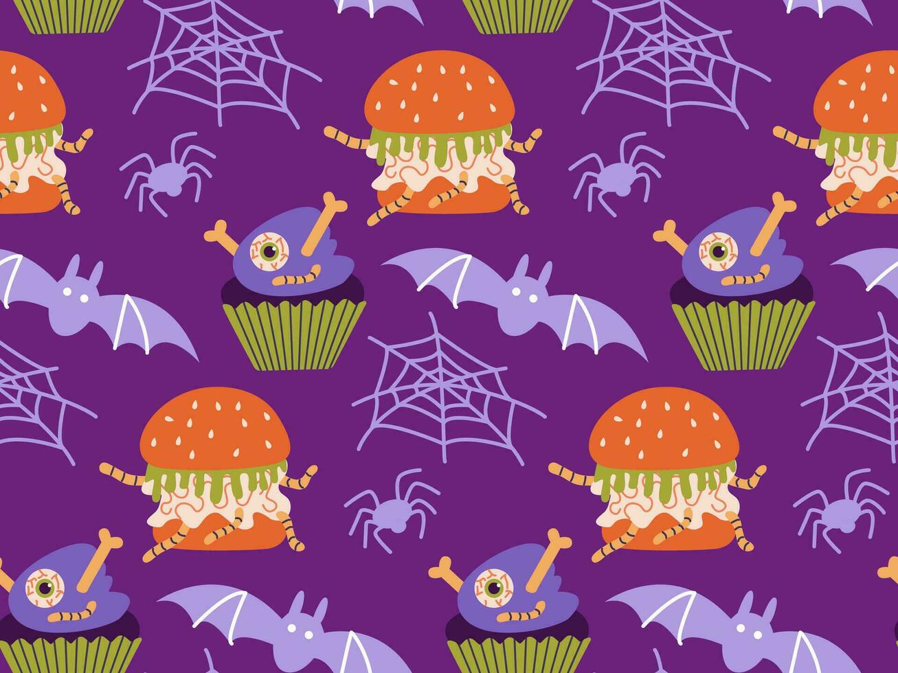 sans couture modèle de vaisselle pour Halloween, bizarre aliments. effrayant Halloween nourriture de monstre yeux, cerveaux, vers. plat vecteur illustration.