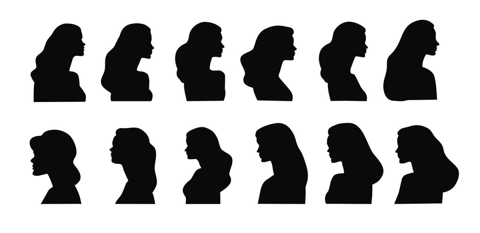 Jeune les filles côté silhouettes. ethnique noir blanc fille têtes, femme mode des modèles les noirs personnes, magnifique femelle côtés visages Stock illustration vecteur