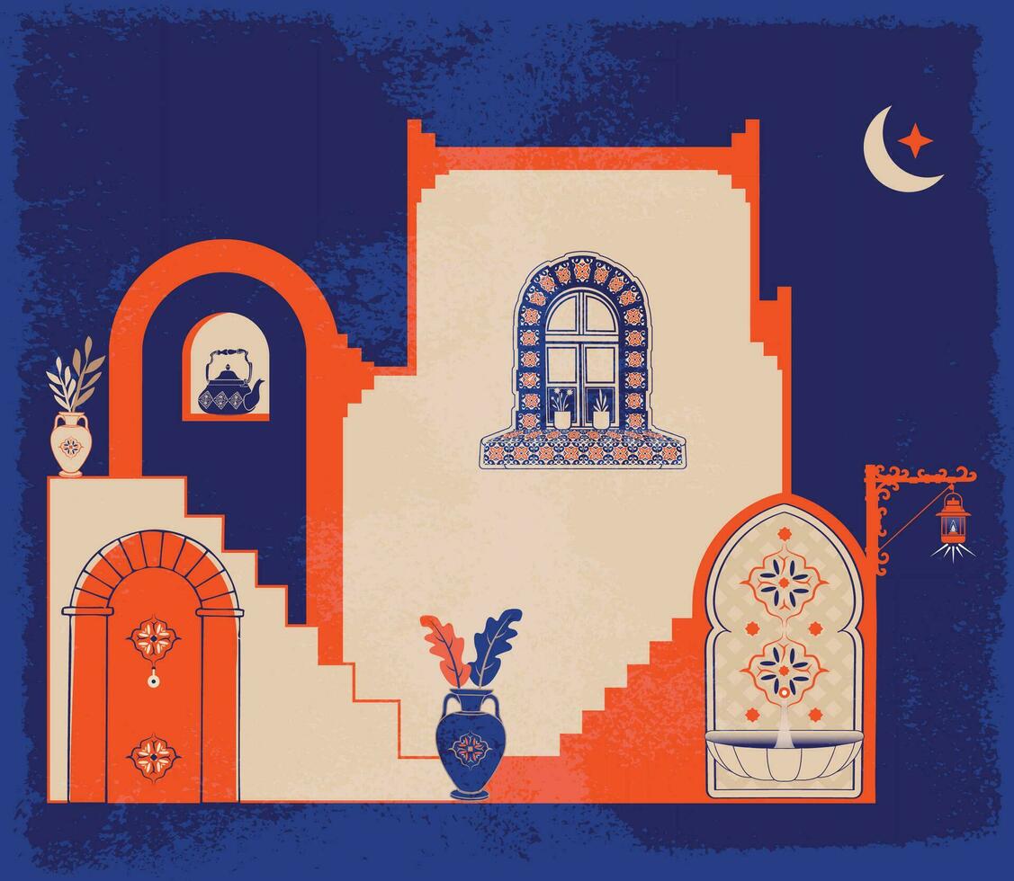 abstrait architecture affiches Facile géométrique. marocain contemporain abstrait géométrique. islamique arabe Oriental style les fenêtres, des portes, escaliers et arches affiche ensemble milieu siècle vecteur image.