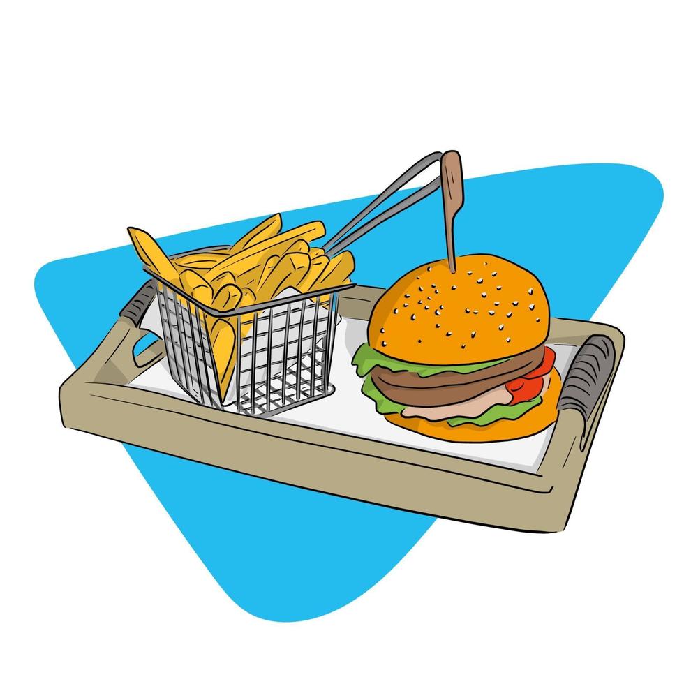 Fast food hamburger et frites dans un panier sur une plaque en bois vecteur