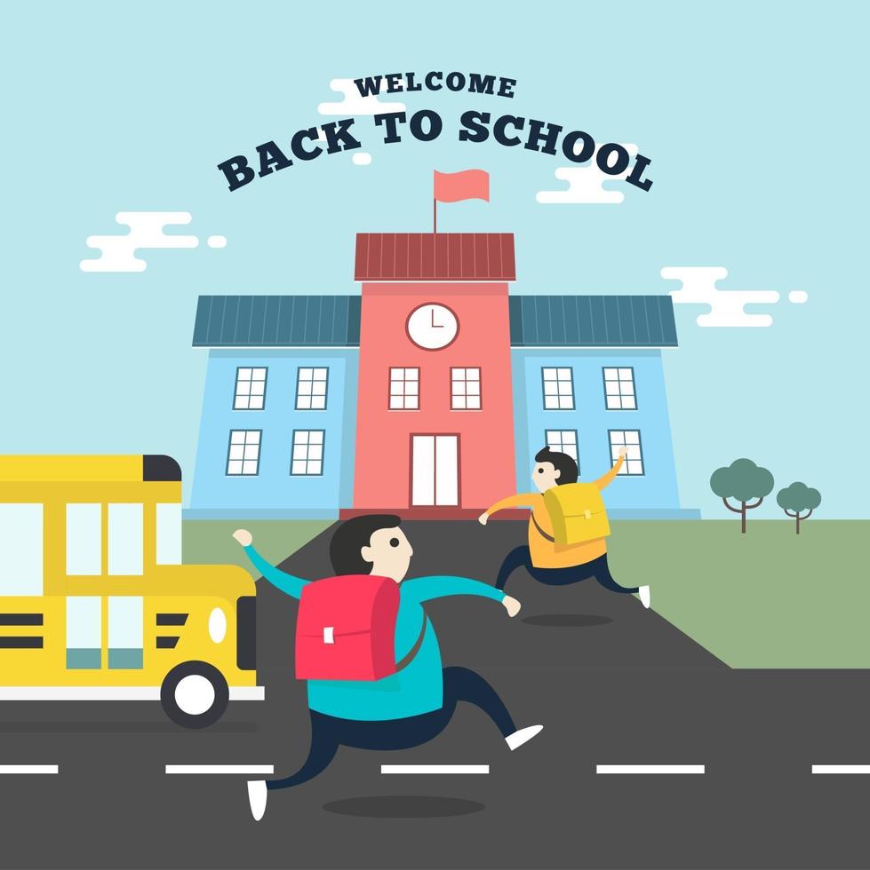 étudiants heureux qui courent à l'école avec le bus scolaire. vecteur