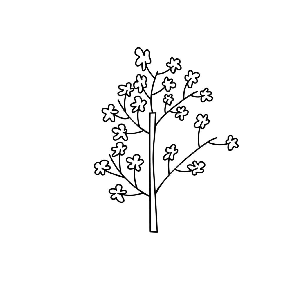 branche de cerisier dessinée à la main avec des fleurs, style doodle noir et blanc vecteur