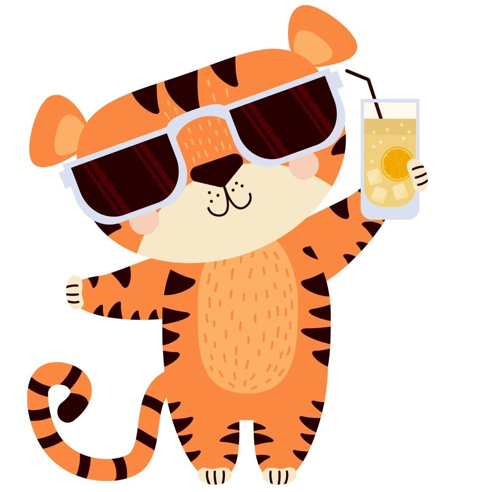Tigre mignon dans des lunettes de soleil se tient avec un verre de cocktail vecteur