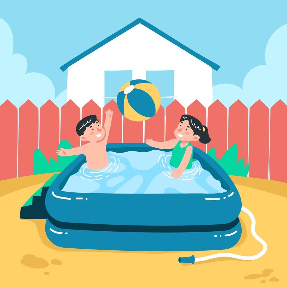 enfants jouant au ballon dans une piscine gonflable vecteur