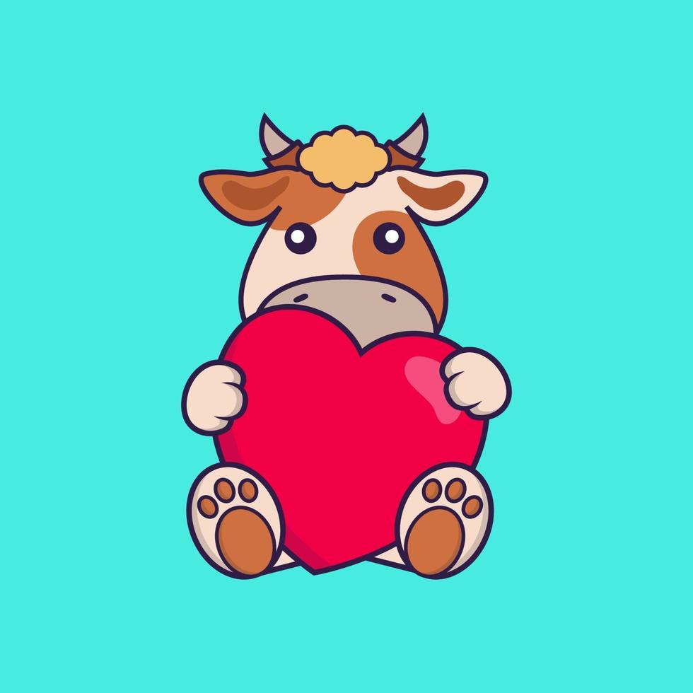 vache mignonne tenant un gros coeur rouge. vecteur