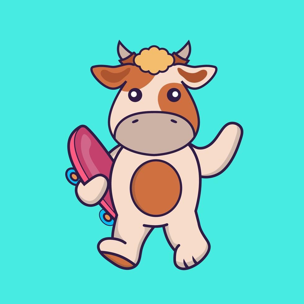 vache mignonne tenant une planche à roulettes. vecteur