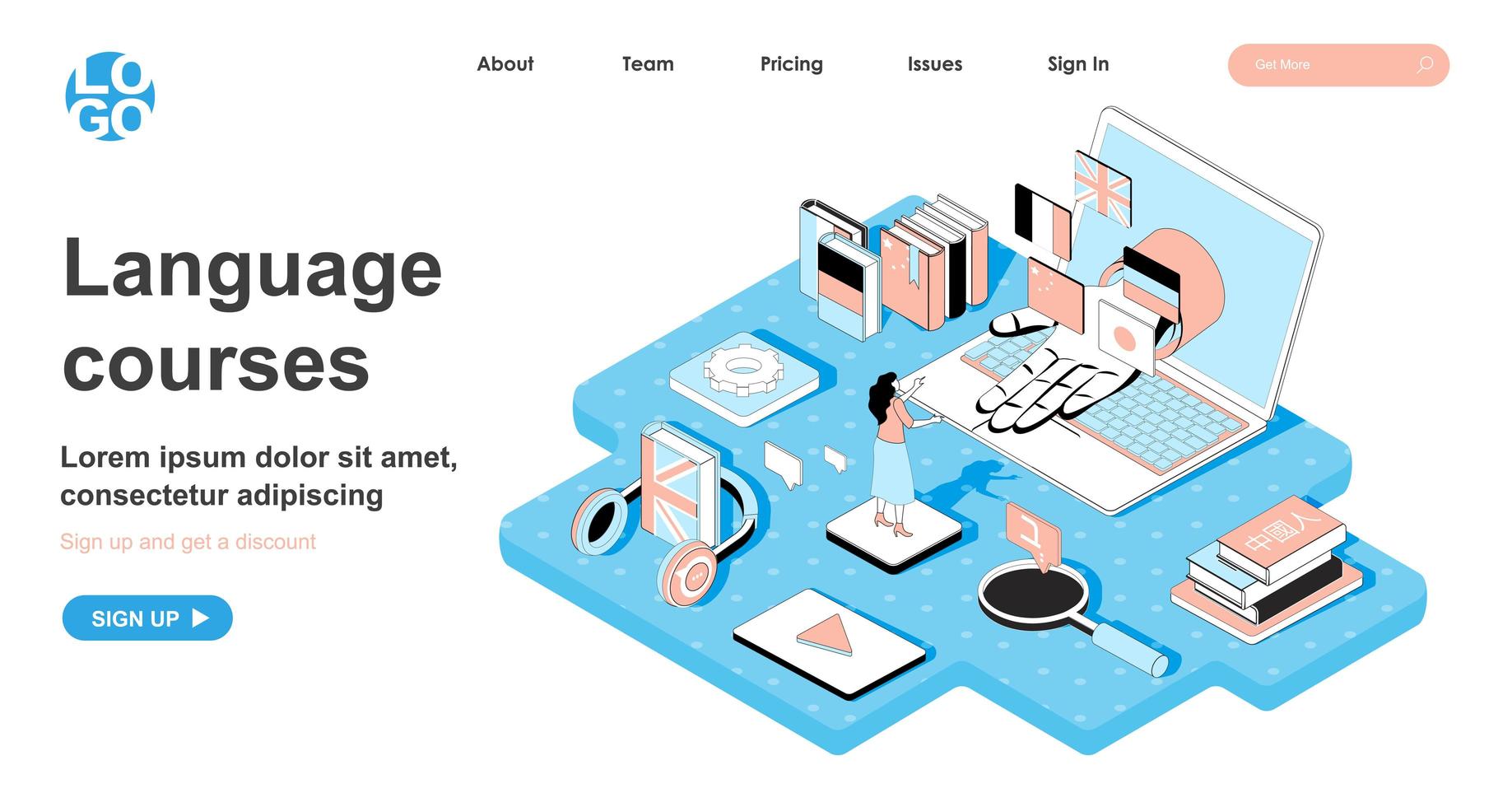 concept isométrique de cours de langue pour la page de destination vecteur
