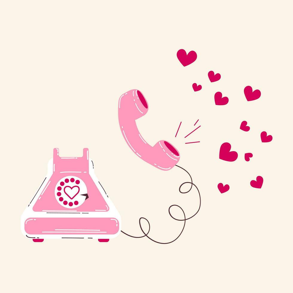 vieux rétro Téléphone rose avec cœurs pour la Saint-Valentin journée. déclaration de amour.coloré vecteur illustration dans rétro dessin animé style.