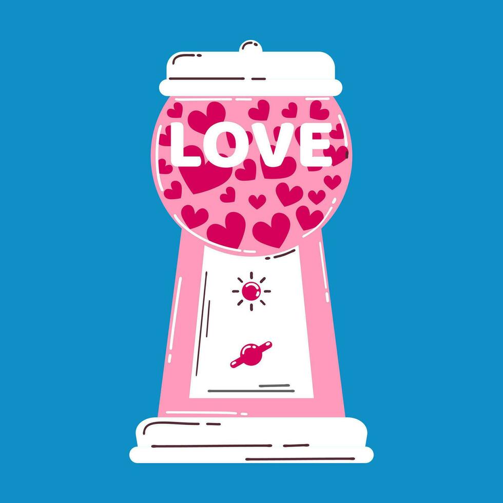 vente machine pour les enfants avec en forme de coeur des sucreries pour la Saint-Valentin journée. coloré vecteur illustration dans rétro dessin animé style.
