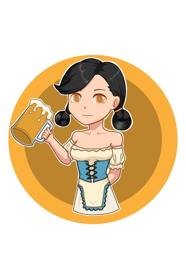 fille aux cheveux noirs avec illustration de dessin animé de bière vecteur