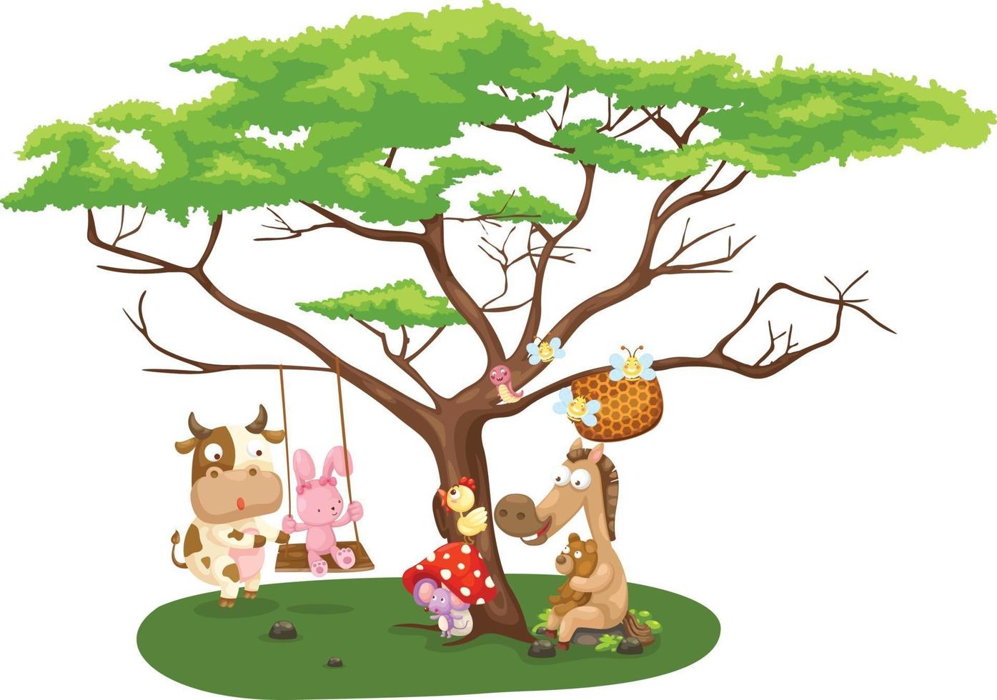 illustration d'animaux sauvages près du grand arbre vecteur