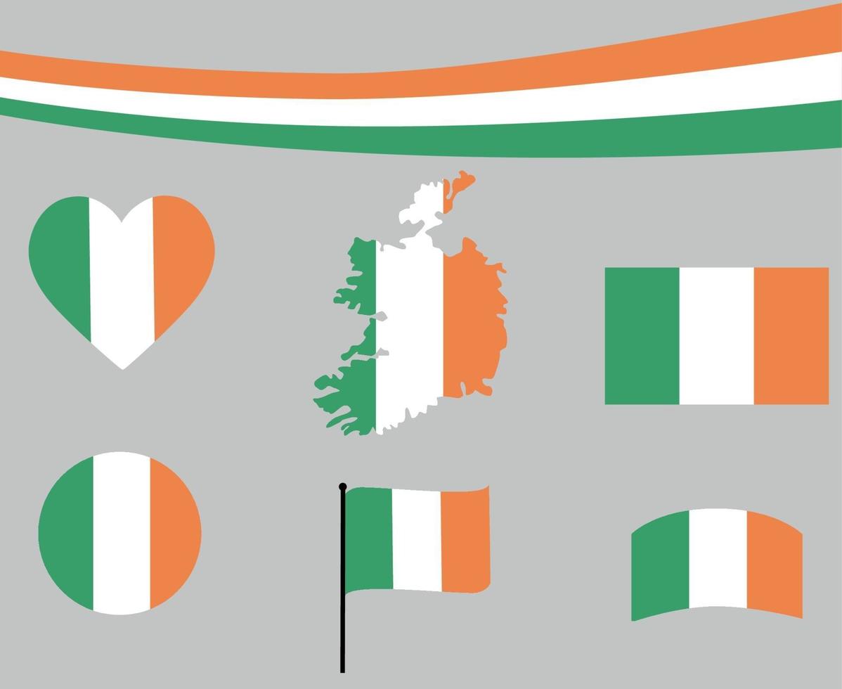 Drapeau de l'Irlande carte ruban et coeur icons vector illustration abstract