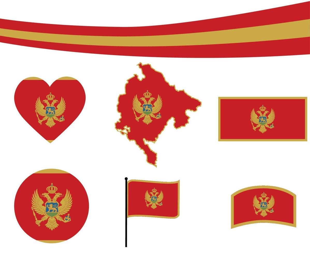 Ruban de carte de drapeau du Monténégro et icônes de coeur résumé de vecteur