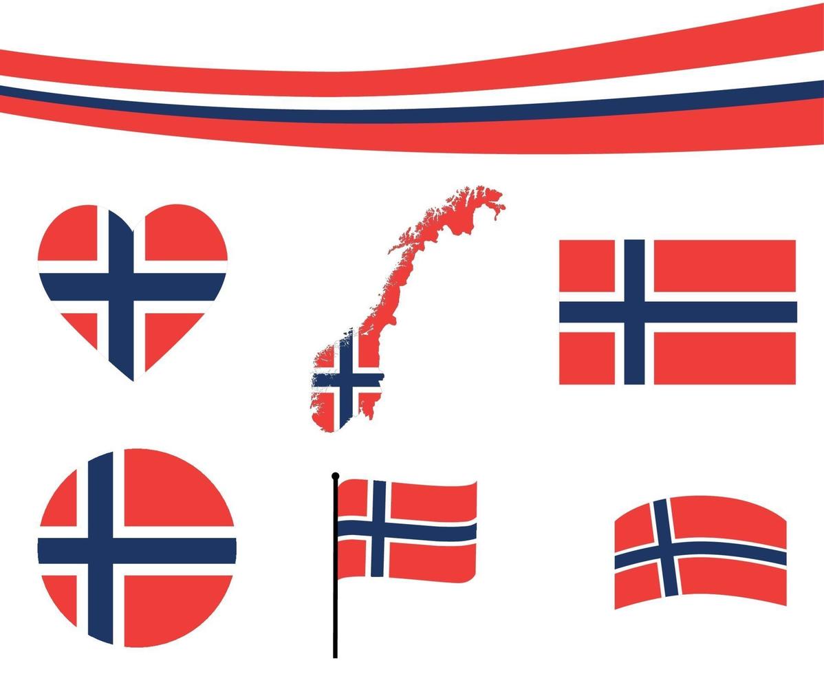 Drapeau de la Norvège ruban carte et coeur icônes vector illustration abstract
