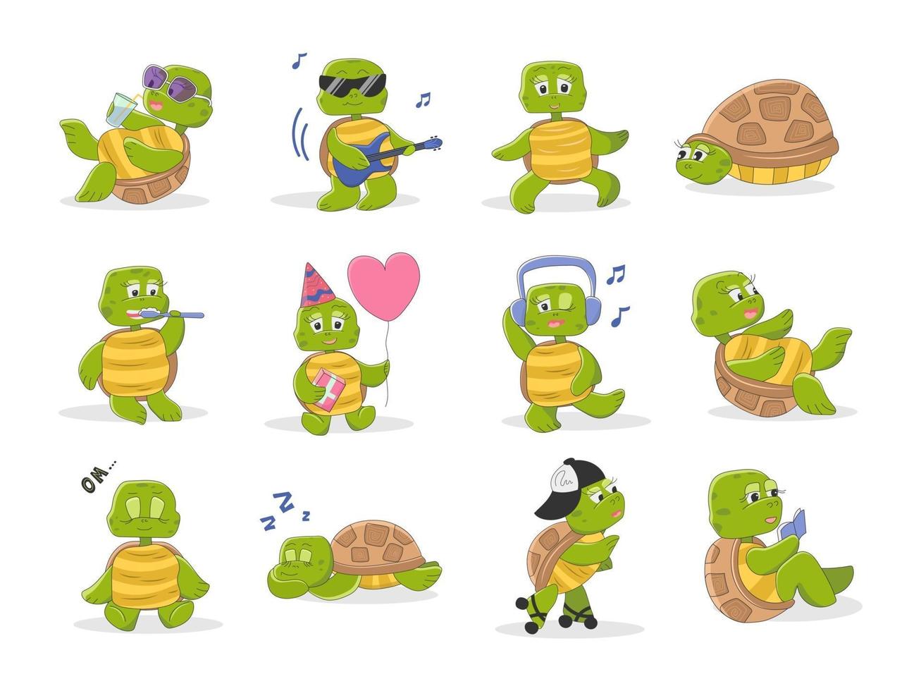 ensemble de personnages mignons de tortue dans le style de dessin animé vecteur