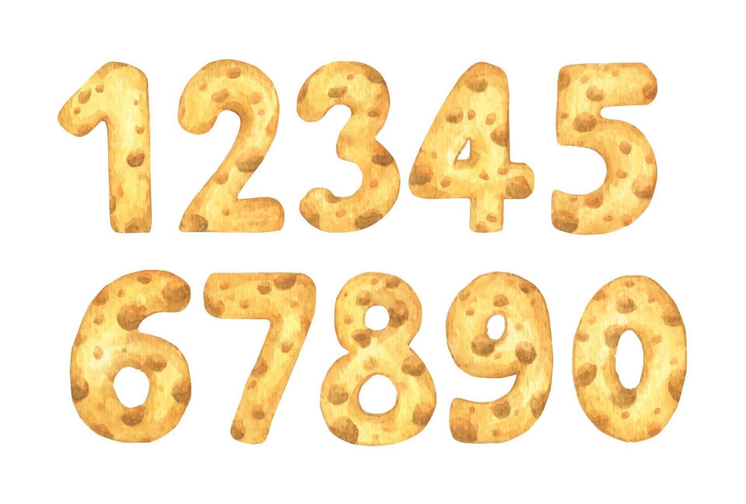 ensemble de numéros de fromage de un à zéro. illustration à l'aquarelle. vecteur