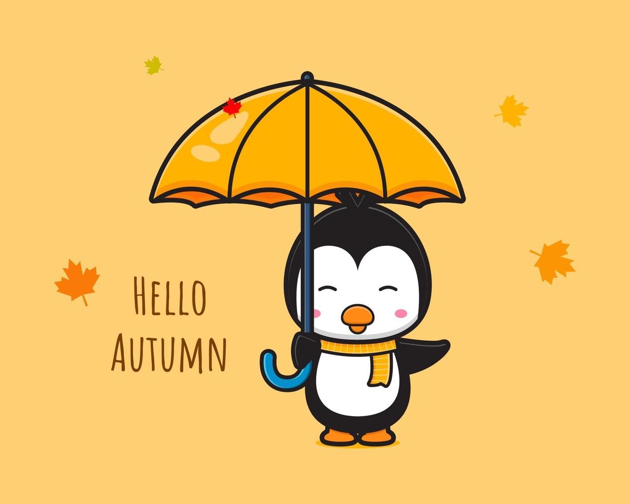 Penguin disant bonjour automne bannière cartoon icône vector illustration