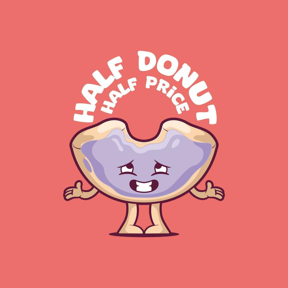 une Donut personnage à moitié mangé vecteur illustration. nourriture, marque, logo conception concept.