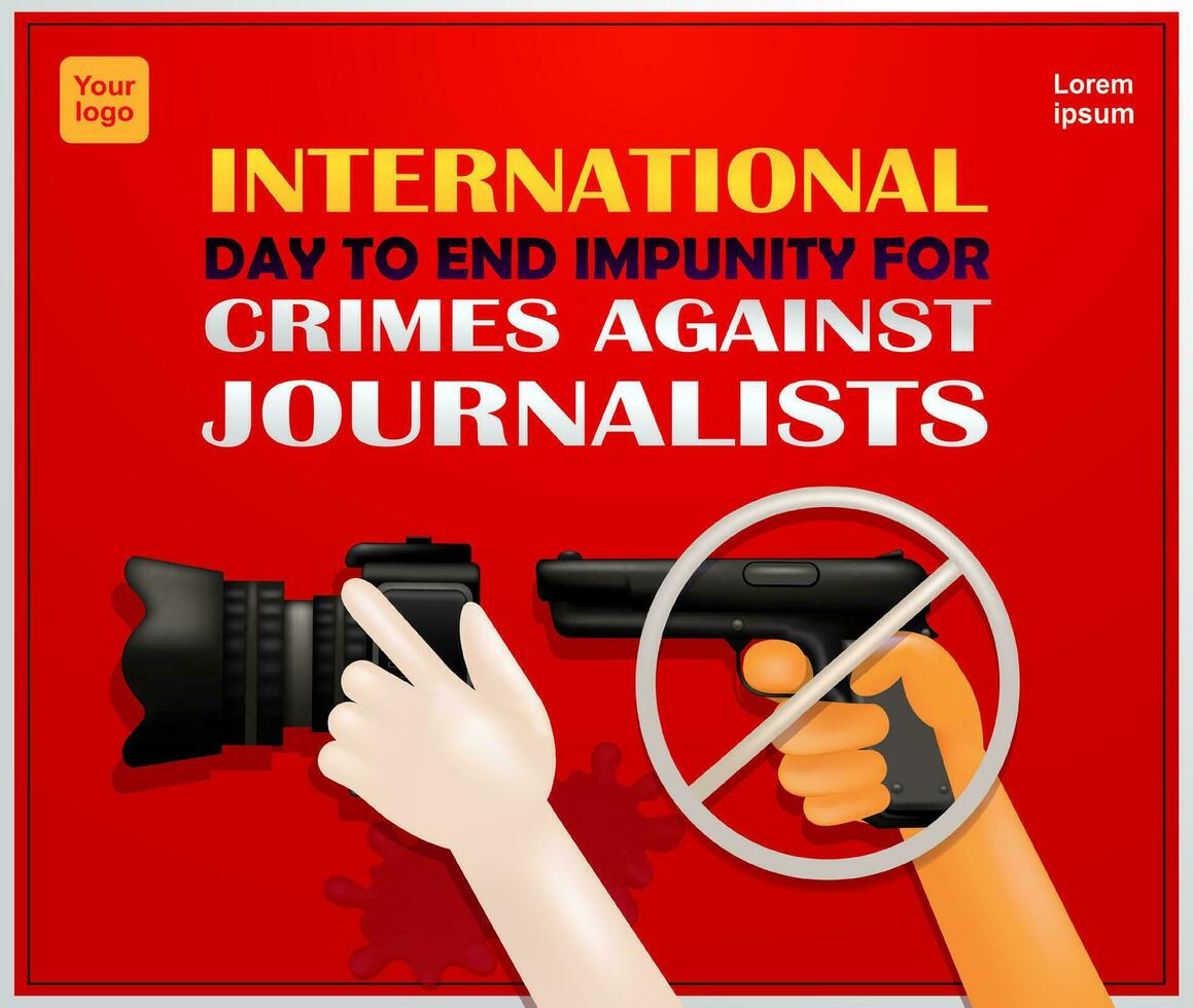 international journée à fin impunité pour crimes contre journalistes. armé mains vouloir à tirer journalistes porter appareils photo, 3d vecteur adapté pour bannière ou affiche