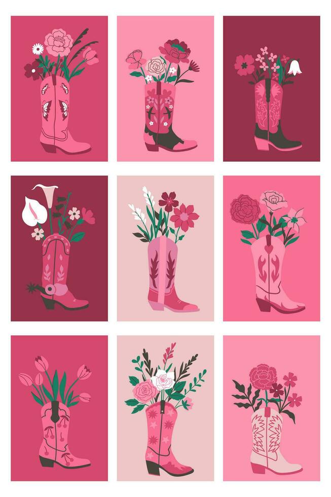 ensemble de cartes ou affiches avec bouquets de fleurs dans cow-boy bottes. vecteur graphique.