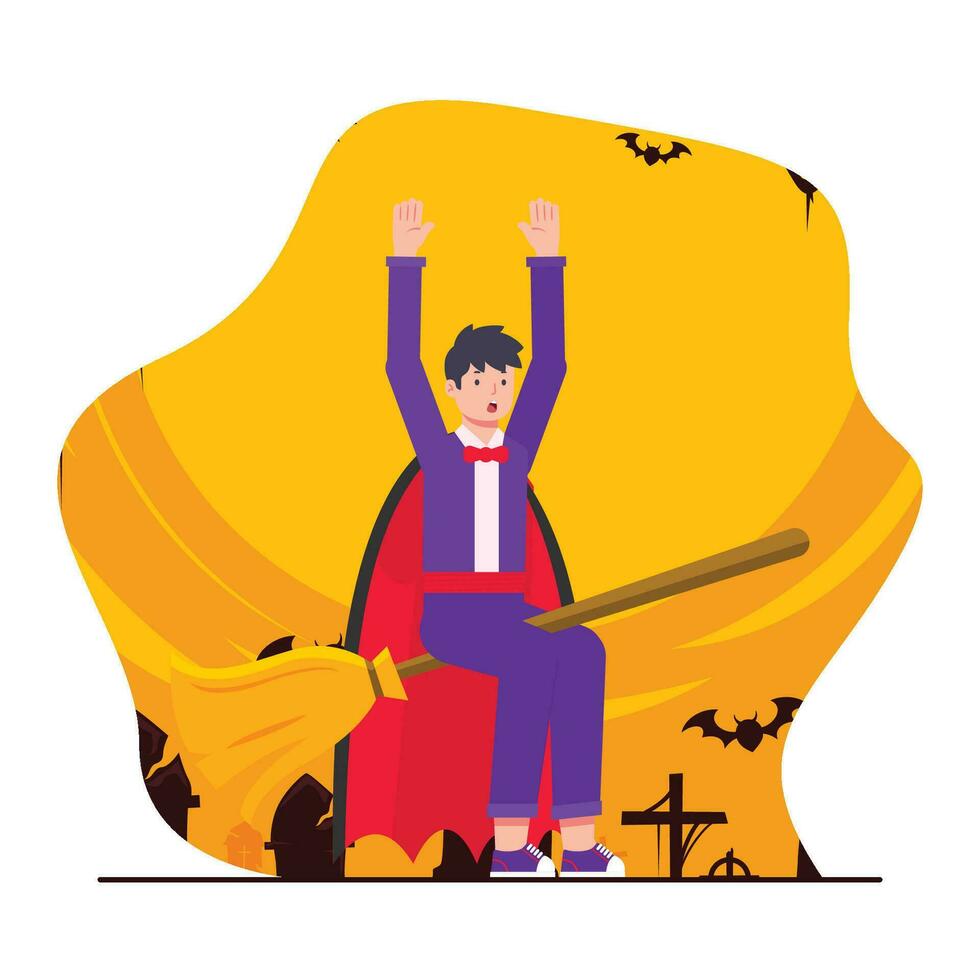 content Halloween fête concept. vecteur illustration dans plat dessin animé style. Jeune homme dans Halloween costume.