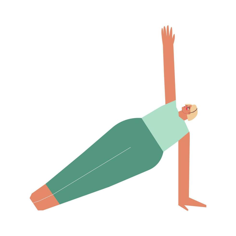 vecteur isolé concept avec plat femelle personnage. fort femme apprend bras équilibre posture vasisthasana à yoga classe. aptitude exercice - côté planche pose